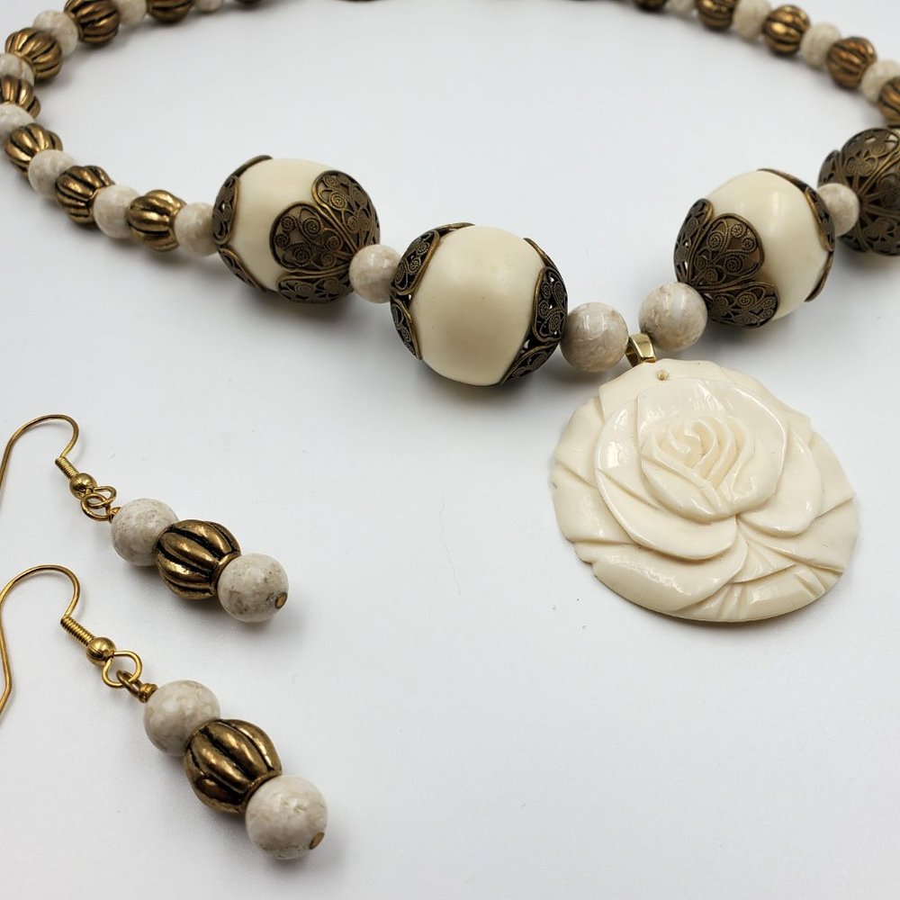 Vintage Carved Rose Marble Beaded Necklace and Earrings Set - Vintage Choker